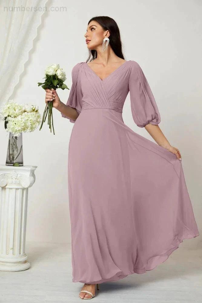 Numbersea  Formal Prom Gown Women V-Neck Chiffon Bridesmaid Dresses Long Bishop Sleeve Party Dress 2807