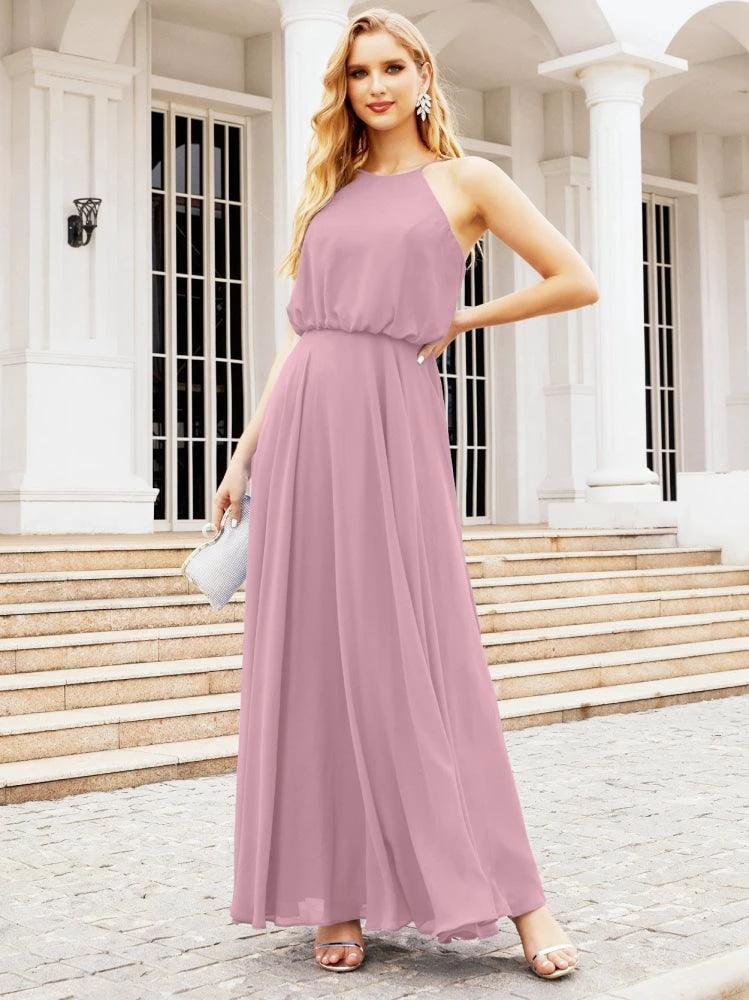 Numbersea  Halter Long Bridesmaid Dresses Formal A line Juniors Dress 28029