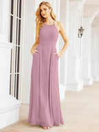 Numbersea Halter Bridesmaid Dresses with Pockets Sleeveless Formal Evening Party Prom Gowns  28055