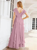 Ruffled Bridesmaid Dresses with Sleeves Long Formal Party Dress 28041