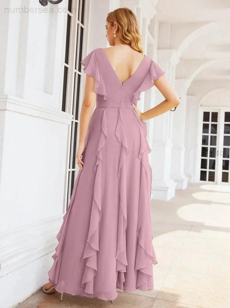 Ruffled Bridesmaid Dresses with Sleeves Long Formal Party Dress 28041