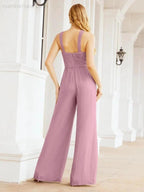Numbersea Crisscross Neck Jumpsuit Formal Evening Dress Long Bridesmaid Dresses Bell-bottomed Pants 28033