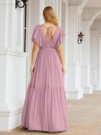 Numbersea Women's Open Back Formal Evening Party Prom Gowns V-Neck Long Chiffon Bridesmaid Dresses with Waist Belt 28038
