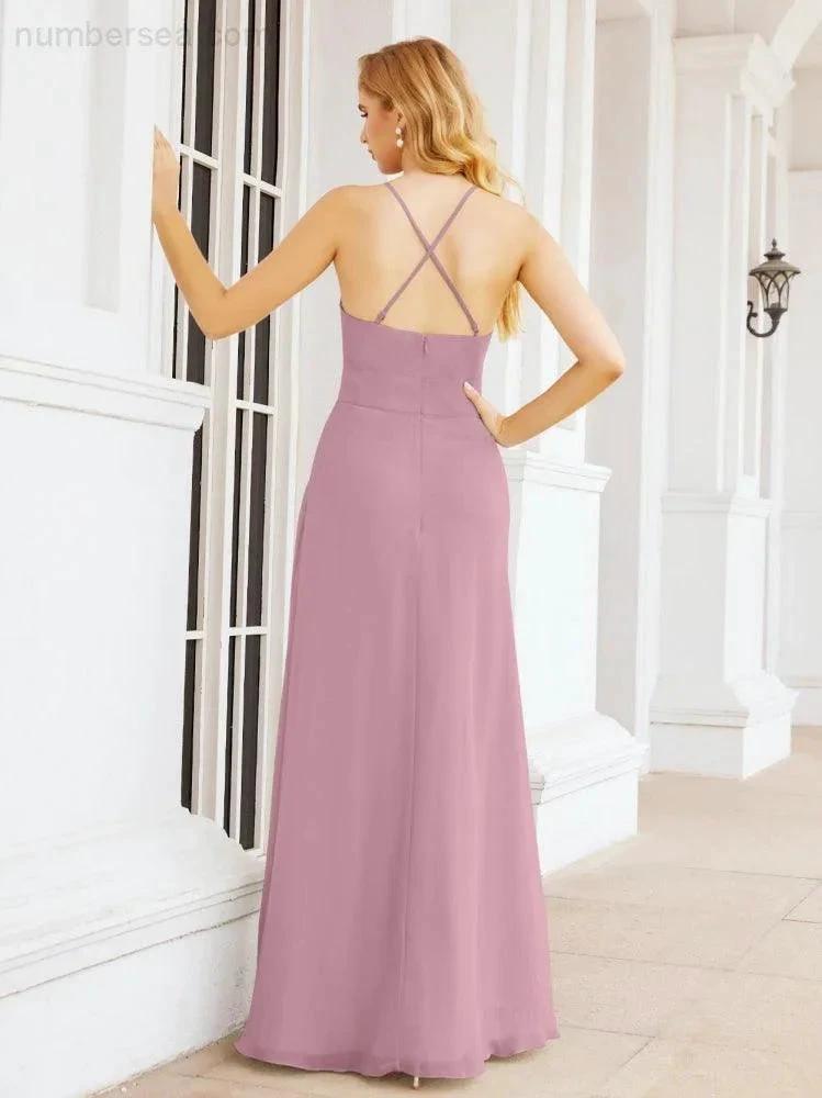 Numbersea Halter Bridesmaid Dresses with Pockets Sleeveless Formal Evening Party Prom Gowns  28055