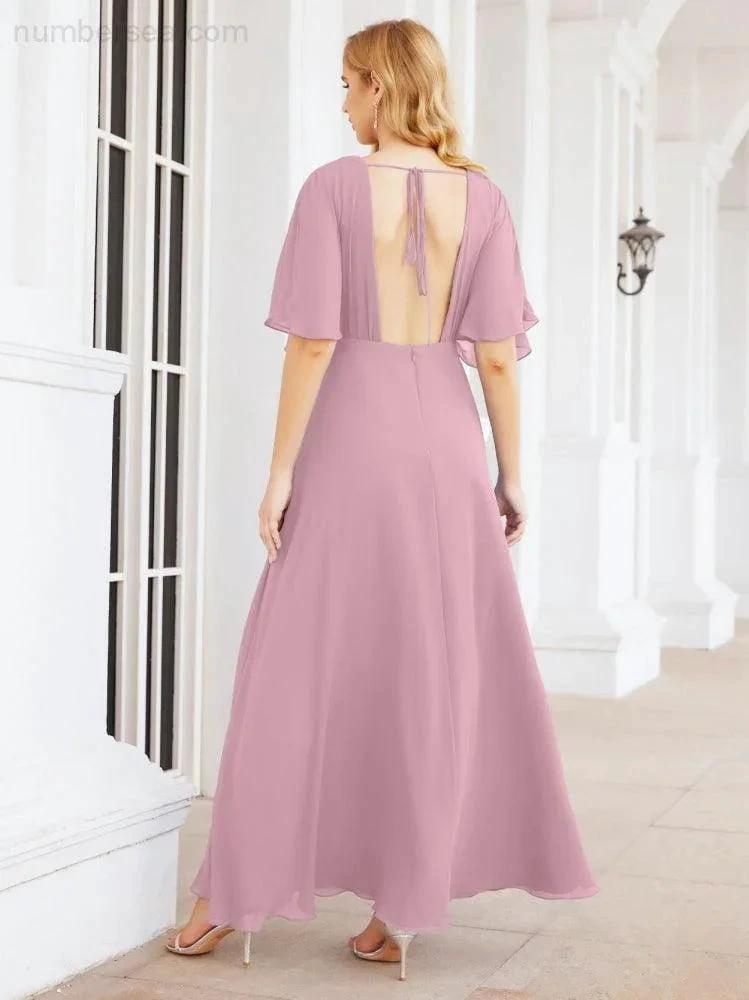 Numbersea V-Neck Bridesmaid Dress Chiffon Long Open Back Formal Dresses for Women Party Evening 28067