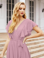 Numbersea Women's Open Back Formal Evening Party Prom Gowns V-Neck Long Chiffon Bridesmaid Dresses with Waist Belt 28038