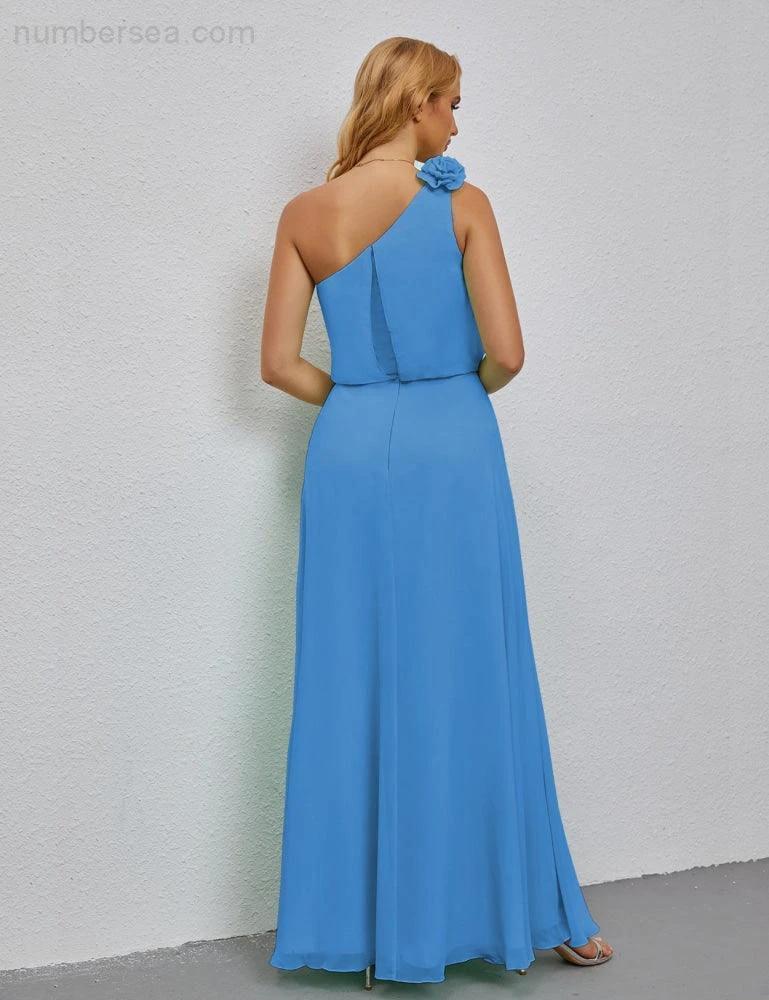 Ruffled One Shoulder Sleeveless Long Bridesmaid Dresses A-line Formal Evening Gown Side Split 28080