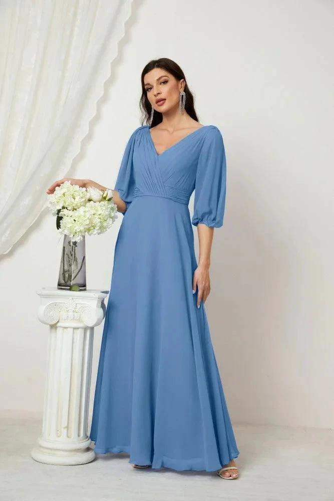 Numbersea  Formal Prom Gown Women V-Neck Chiffon Bridesmaid Dresses Long Bishop Sleeve Party Dress 2807