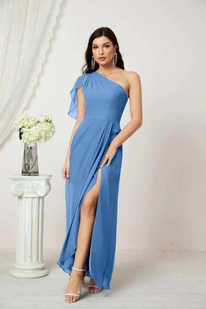 Numbersea  Chiffon Ruffled One Shoulder Long Bridesmaid Dresses A-line Formal Evening Gown Side Split 2809