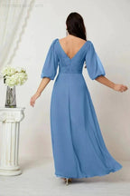 Numbersea  Formal Prom Gown Women V-Neck Chiffon Bridesmaid Dresses Long Bishop Sleeve Party Dress 2807