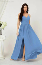Numbersea  Neck Bridesmaid Dresses Chiffon Long Spaghetti A-line Formal Prom Gown for Wedding Party Evening 2801