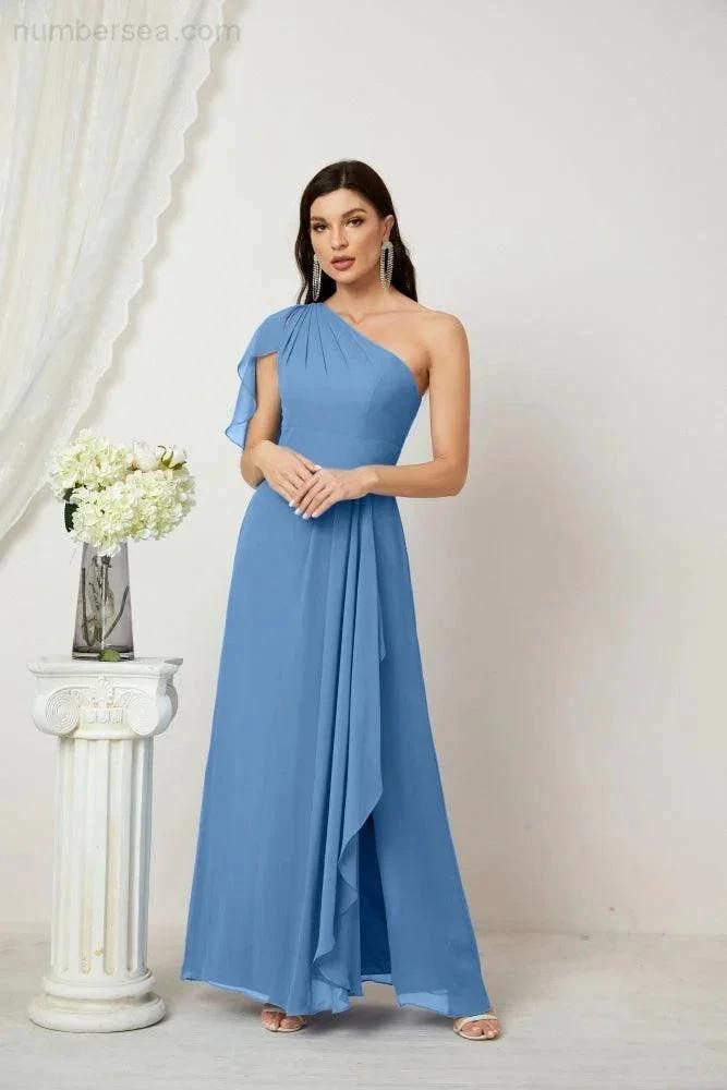 Numbersea  Chiffon Ruffled One Shoulder Long Bridesmaid Dresses A-line Formal Evening Gown Side Split 2809