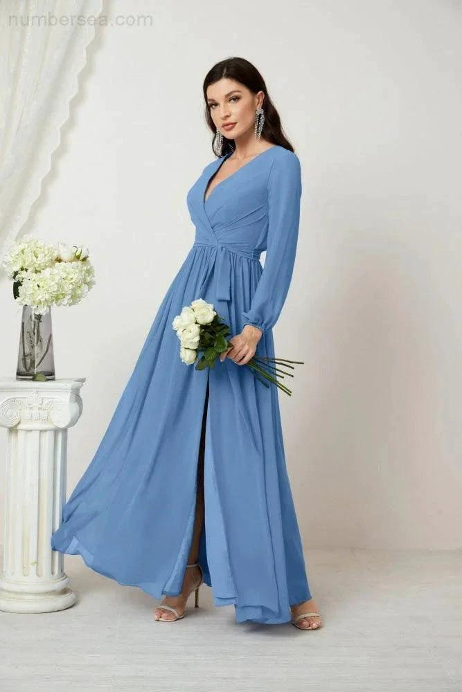 Sunnderly Evening Dresses Deep V-Neck Chiffon Bridesmaid Dresses Long Bishop Sleeve Side Split Formal Dress SY2806