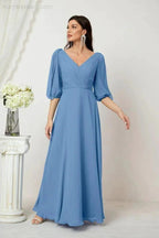 Numbersea  Formal Prom Gown Women V-Neck Chiffon Bridesmaid Dresses Long Bishop Sleeve Party Dress 2807