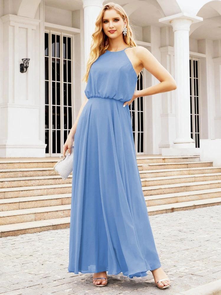 Numbersea  Halter Long Bridesmaid Dresses Formal A line Juniors Dress 28029