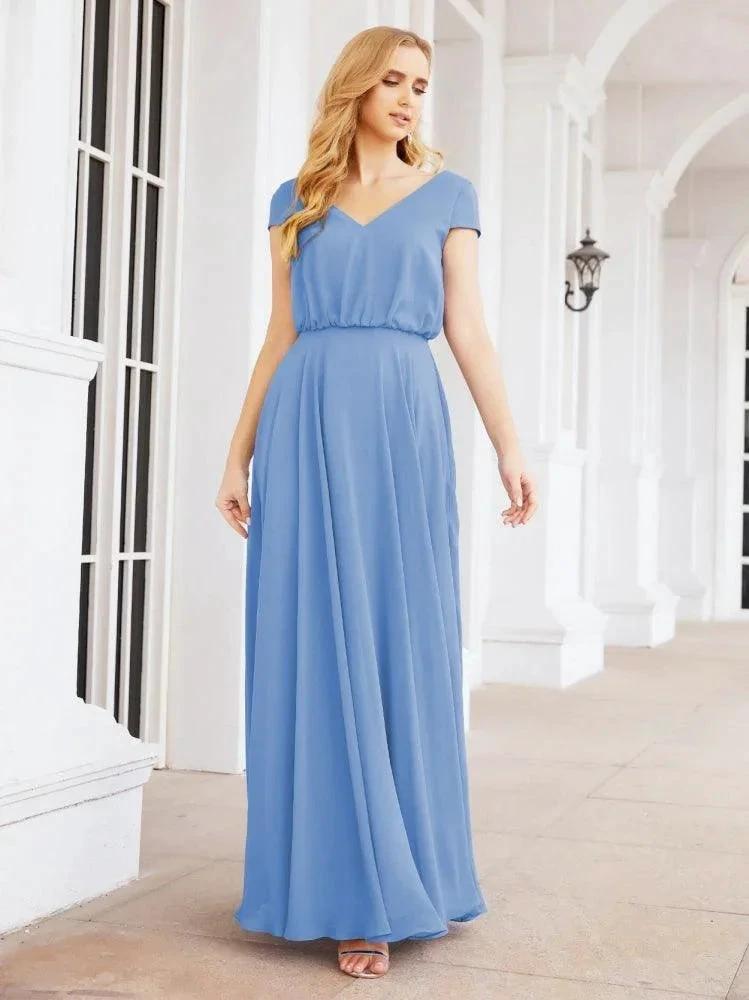Numbersea V-Neck Bridesmaid Dresses Long Cap Sleeves Prom Evening Formal Gowns 28071