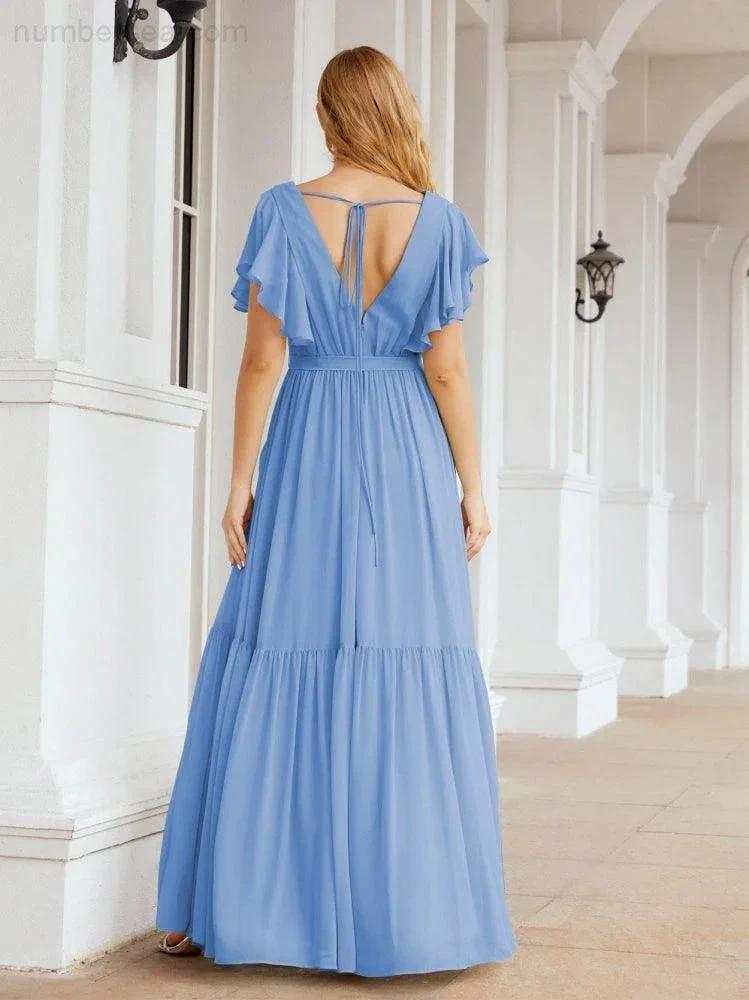 Numbersea Women's Open Back Formal Evening Party Prom Gowns V-Neck Long Chiffon Bridesmaid Dresses with Waist Belt 28038