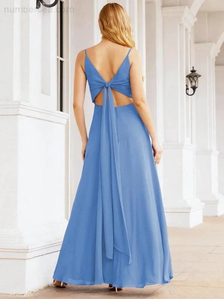 Numbersea Spaghetti Strap Bridesmaid Dresses V Neck Butterfly Back Fromal Evening Party Prom Gown 28036