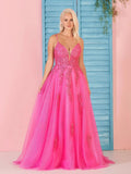 Angelina | A Line V Neck Pink Lace Long Prom Dress