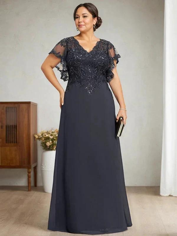 A-line V-Neck Floor-Length Lace Chiffon Mother of the Bride Dress With Sequins