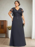 A-line V-Neck Floor-Length Lace Chiffon Mother of the Bride Dress With Sequins