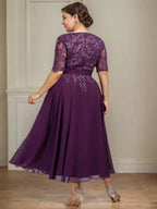 A-line V-Neck Tea-Length Lace Chiffon Mother of the Bride Dress With Sequins
