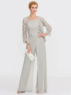 3 Piece Chiffon Square Neck Mother of the Bride Pantsuits with Jacket