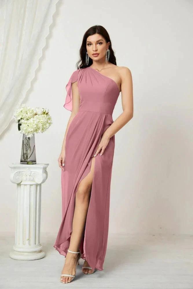 Numbersea  Chiffon Ruffled One Shoulder Long Bridesmaid Dresses A-line Formal Evening Gown Side Split 2809