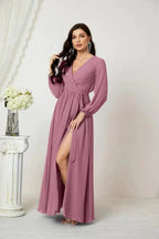 Sunnderly Evening Dresses Deep V-Neck Chiffon Bridesmaid Dresses Long Bishop Sleeve Side Split Formal Dress SY2806