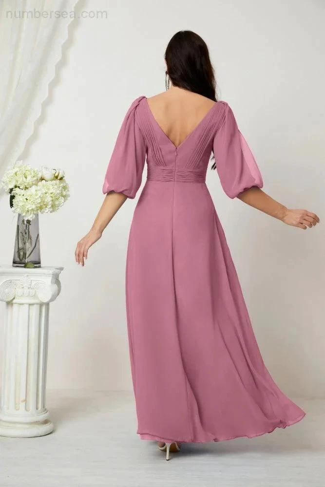 Numbersea  Formal Prom Gown Women V-Neck Chiffon Bridesmaid Dresses Long Bishop Sleeve Party Dress 2807
