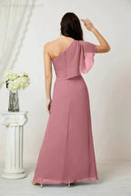 Numbersea  Chiffon Ruffled One Shoulder Long Bridesmaid Dresses A-line Formal Evening Gown Side Split 2809
