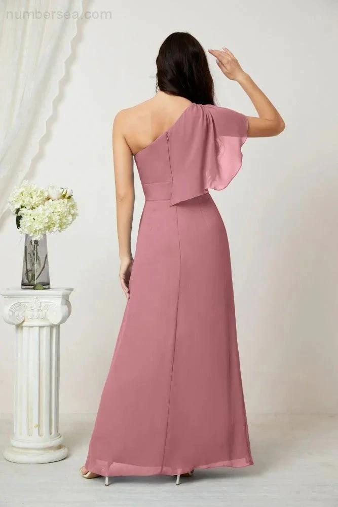 Numbersea  Chiffon Ruffled One Shoulder Long Bridesmaid Dresses A-line Formal Evening Gown Side Split 2809