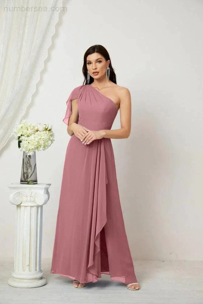 Numbersea  Chiffon Ruffled One Shoulder Long Bridesmaid Dresses A-line Formal Evening Gown Side Split 2809