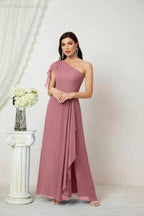 Numbersea  Chiffon Ruffled One Shoulder Long Bridesmaid Dresses A-line Formal Evening Gown Side Split 2809
