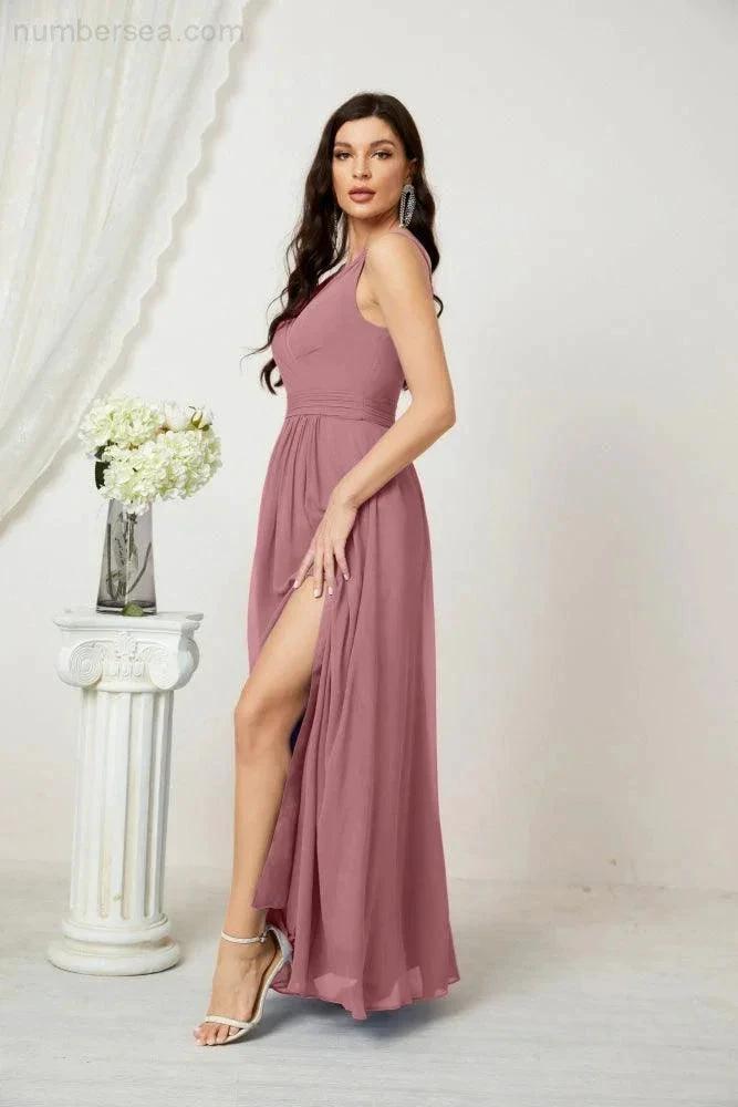Numbersea Chiffon V-Neck Bridesmaid Dress Spaghetti Strap Long Formal Party Prom Gowns with Slit 28010