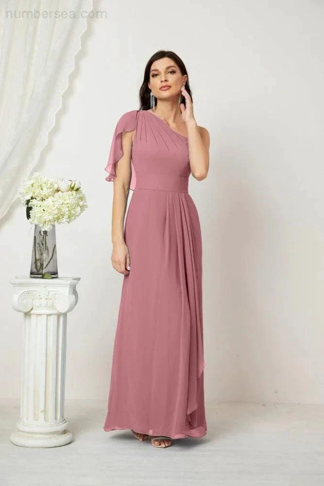 Numbersea  Chiffon Ruffled One Shoulder Long Bridesmaid Dresses A-line Formal Evening Gown Side Split 2809