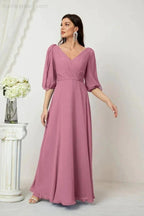 Numbersea  Formal Prom Gown Women V-Neck Chiffon Bridesmaid Dresses Long Bishop Sleeve Party Dress 2807