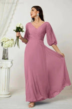 Numbersea  Formal Prom Gown Women V-Neck Chiffon Bridesmaid Dresses Long Bishop Sleeve Party Dress 2807