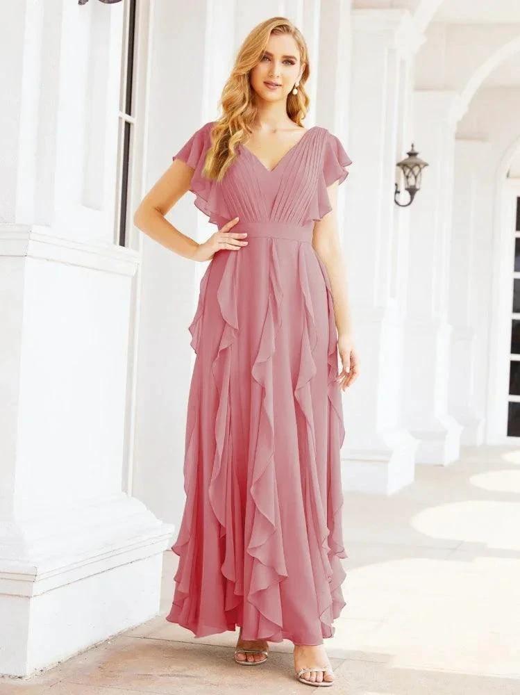 Ruffled Bridesmaid Dresses with Sleeves Long Formal Party Dress 28041