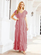Ruffled Bridesmaid Dresses with Sleeves Long Formal Party Dress 28041