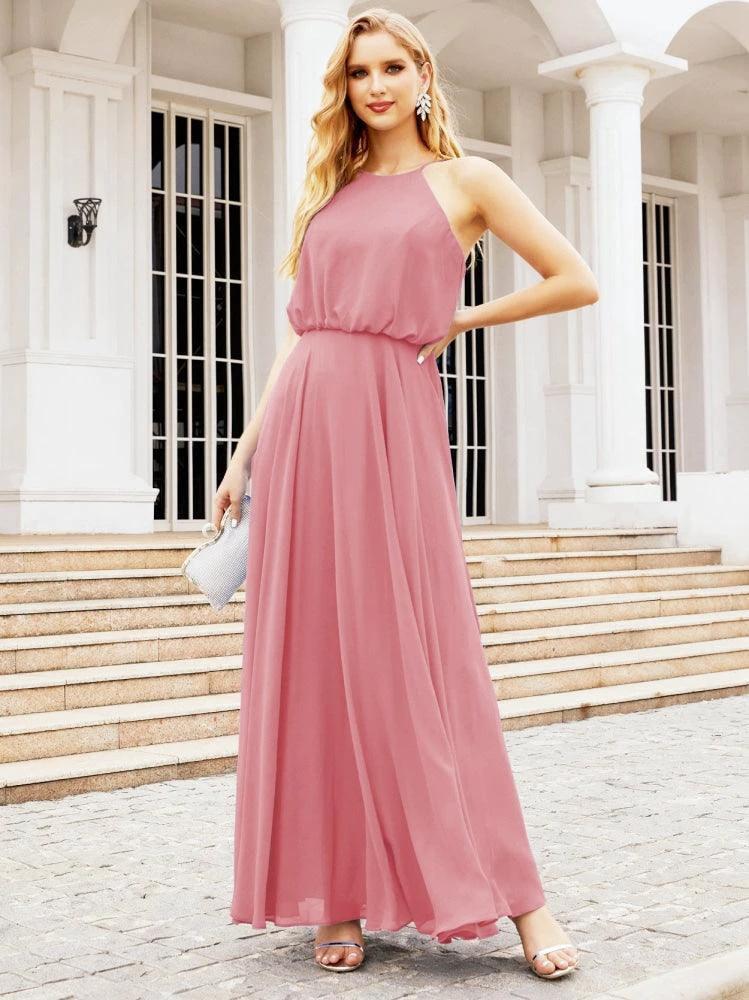 Numbersea  Halter Long Bridesmaid Dresses Formal A line Juniors Dress 28029