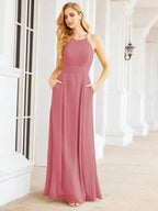 Numbersea Halter Bridesmaid Dresses with Pockets Sleeveless Formal Evening Party Prom Gowns  28055
