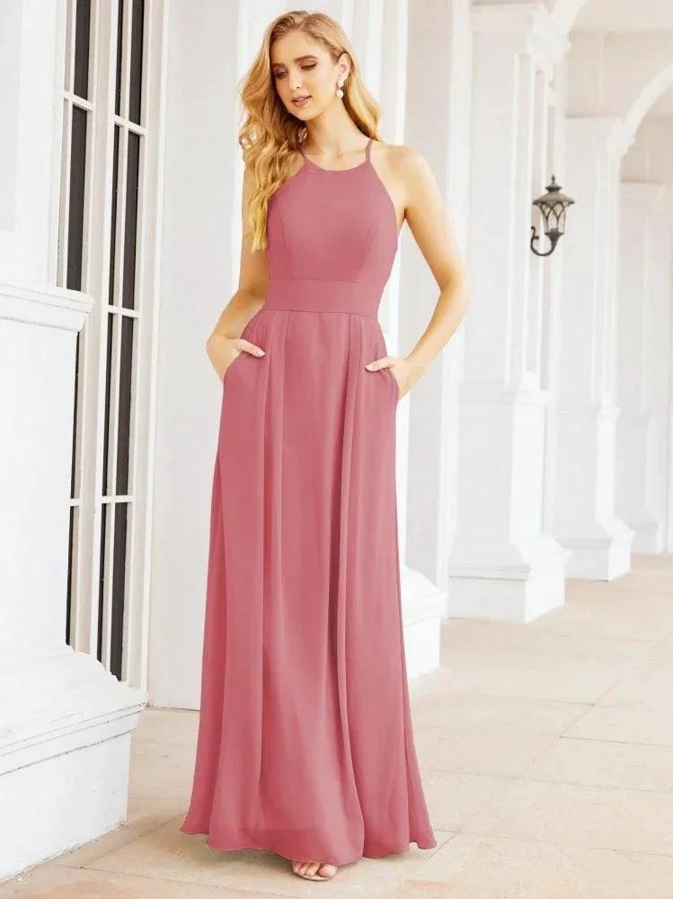 Numbersea Halter Bridesmaid Dresses with Pockets Sleeveless Formal Evening Party Prom Gowns  28055