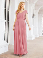 Numbersea V-Neck Bridesmaid Dresses Long Cap Sleeves Prom Evening Formal Gowns 28071