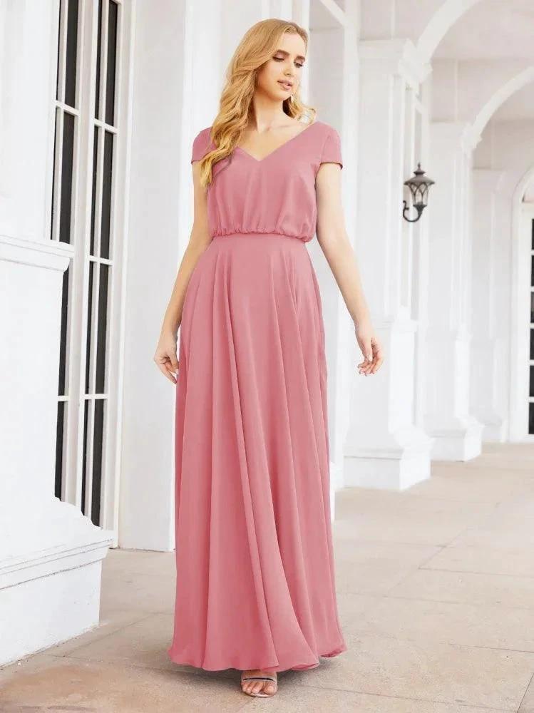 Numbersea V-Neck Bridesmaid Dresses Long Cap Sleeves Prom Evening Formal Gowns 28071