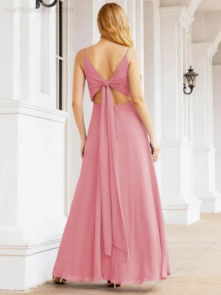 Numbersea Spaghetti Strap Bridesmaid Dresses V Neck Butterfly Back Fromal Evening Party Prom Gown 28036
