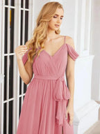 Numbersea Off The Shoulder Chiffon Bridesmaid Dress Long Formal Graduation Gown with Cowl Back 28069