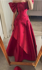 Elegant Burgundy 3D Flowers Off Shoulder Evening Dress A Line Prom Dress Y7637