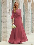 Sunnderly  Bridesmaid Dress Women Long Sleeve V-Neck Chiffon Formal Wedding Party Dress SY28018