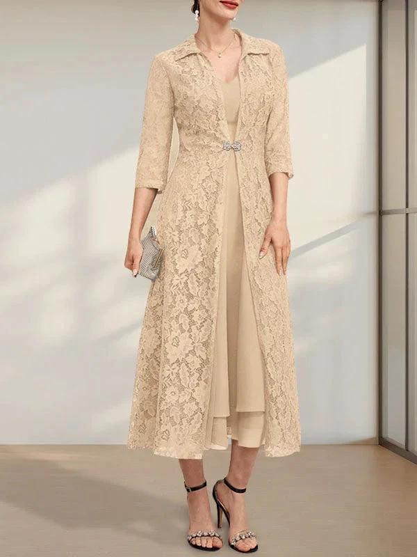 A-line V-Neck Tea-Length Chiffon Mother of the Bride Dress